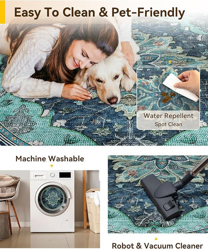 RELEANY Area Rugs 5ft Washable Non-Slip, Floral Vintage Distress Print Pattern Medallion Carpet for Living Room Bedroom Dining Room, Teal Green Lake Blue Turquoise