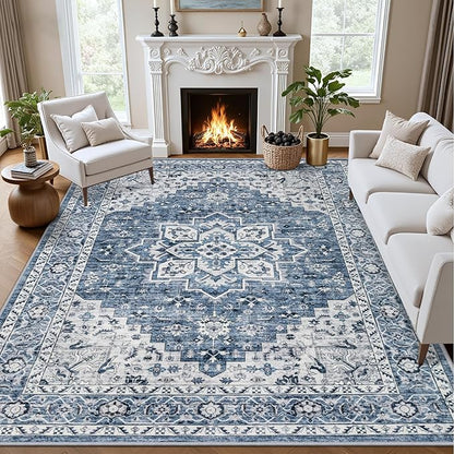 6x9 Area Rugs Living Room Rug: Washable Vintage Boho Medallion Rug No Slip Stain Resistant Soft Carpet Indoor Floor Large Carpets for Bedroom Dining Room Farmhouse Nursery Hallway Home Office Blue