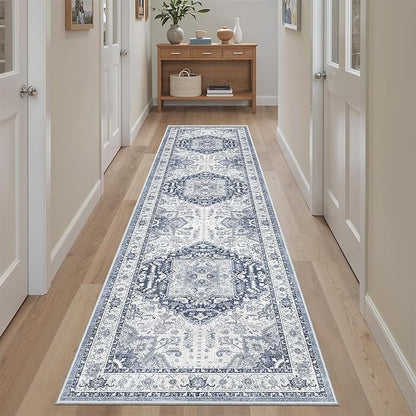 Madane Washable Runner Rug - 2x8 Runners for Hallways Kitchen Non-Slip Runner Rugs Ultra-Thin Laundry Room Rug Throw Carpet Runner for Entrance Living Dinning Room Foyer (Navy/White, 2 x 8)