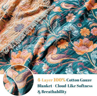 MSGKV Boho Throw Blanket for Couch 50"x60" Cotton Birds Floral Blanket Sofa Chair Blankets Muslin Spring Breathable All Seasons Lightweight Farmhouse Blankets Home Decor
