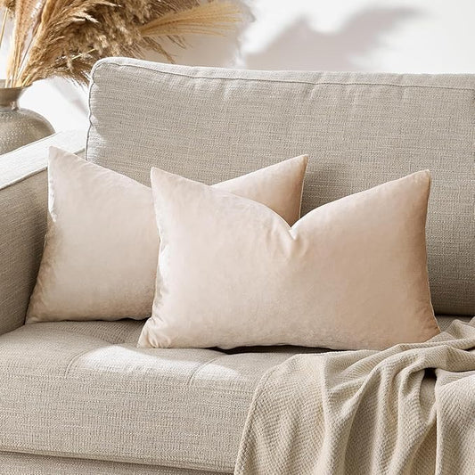 GIGIZAZA 12x20 Lumbar Pillow Covers: Pack of 2 Champagne Beige Throw Pillows Super Soft Velvet Covers - Decorative Vintage Rectangle Solid Elegant Cushion Covers Used for Couch,Living Room