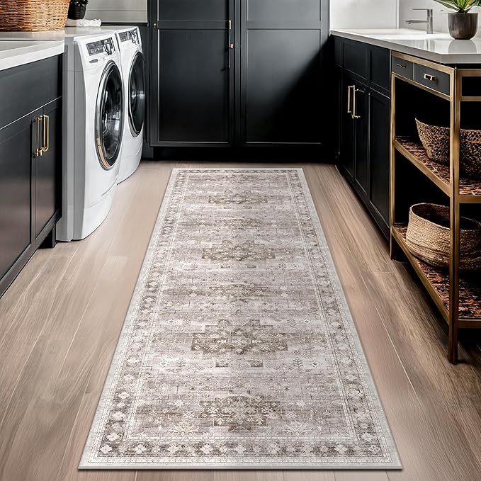 Hazo Haus Boho Bathroom Rug 2x5 Runner, Neutral Farmhouse Kitchen Rugs, Small Throw Runners for Laundry Room Bedroom, Vintage Floral Décor, Non-Slip Low-Pile Washable Stain Resistant Beige Latte