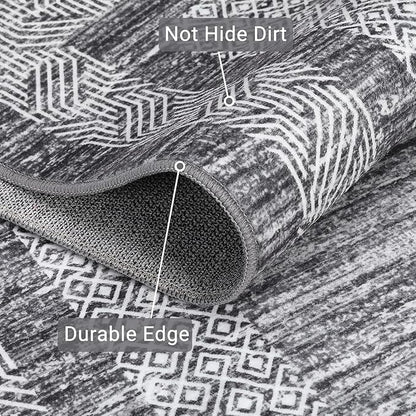GarveeHome 2x6 Modern Bordered Runner Rug Soft Non Slip Washable Floor Carpet Distressed Geometric Hallway Indoor Printed Rug for Kitchen Entrance, Gray