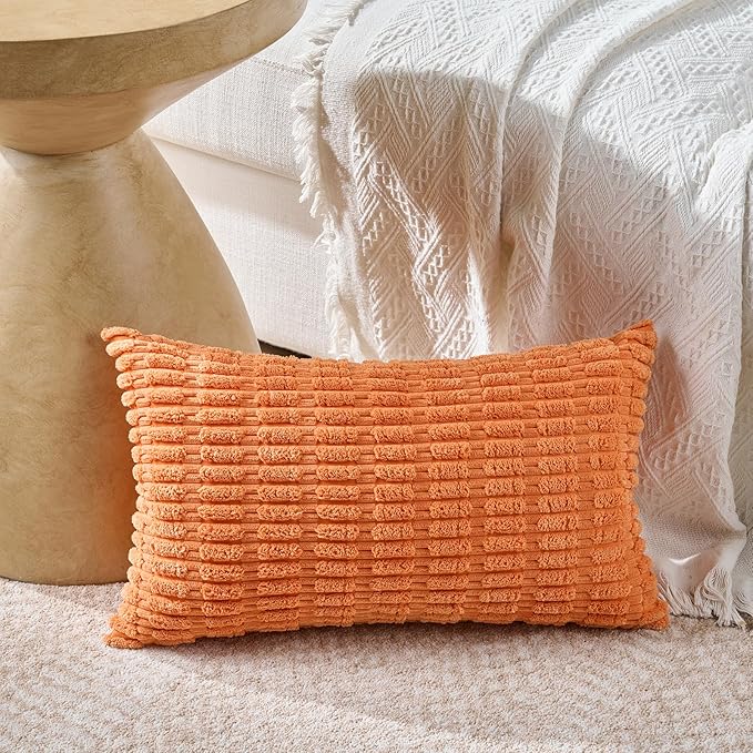 Fancy Homi Set of 4 Burnt Orange Fall Long Lumbar Rectangle Decorative Throw Pillow Covers 12x24 Inch for Couch Bed Chair, Farmhouse Boho Room Decor, Soft Fuzzy Corduroy Textured Cushion Case 30x60cm