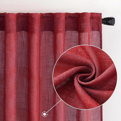 MIULEE Burgundy Red Linen Curtains 96 Inch Long for Bedroom Living Room, Soft Thick Linen Textured Window Drapes Semi Sheer Light Filtering Rod Pocket Back Tab Christmas Burlap Look, 2 Panels