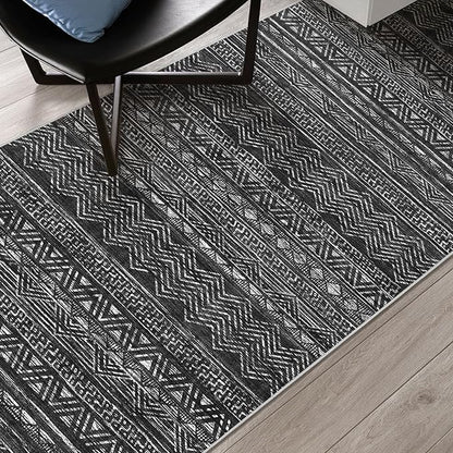 4x8 Washable Hallway Runner Rug：Moroccan Non-Slip Wide Runners for Entryway Kitchen Soft Modern Geometric Low-Pile Rugs for Living Room Thin Waterproof Carpet for Bedroom Bathroom Laundry(Black,4x8)