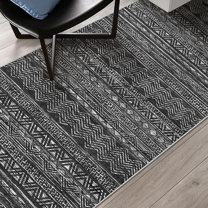 2x4 Washable Entryway Runner Rug: Moroccan Small Area Rug Soft Non Slip Door Mat for Hallway Low Pile Thin Stain Resistant Floor Carpet for Kitchen Bedroom Bathroom Bedside Indoor(2x4,Black)