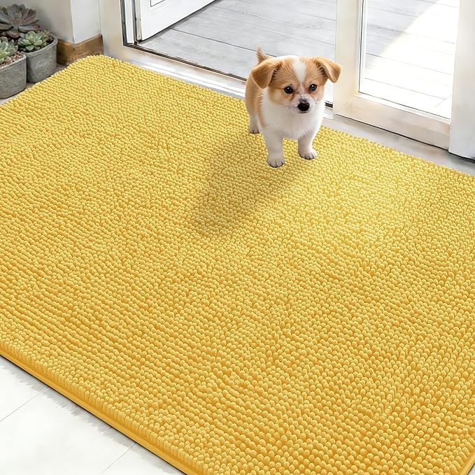 OLANLY Dog Door Mat for Muddy Paws 48x30, Absorbs Moisture and Dirt, Absorbent Non-Slip Washable Doormat, Quick Dry Chenille Mud Mat for Dogs, Entry Indoor Entryway Carpet for Inside Floor, Yellow