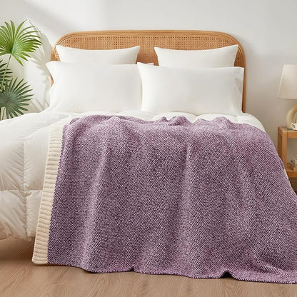 Snuggle Sac Super Soft Purple Blanket Reversible Twin Size for Bed and Sofa, Warm Cozy Knit Blankets Fuzzy Plush, Heather Purple, 60x80 inches