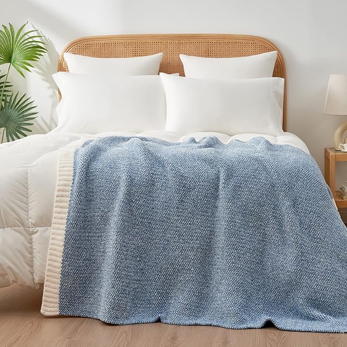 Snuggle Sac Blue Throw Blankets for Couch, Reversible Super Soft Warm Blankets Cozy Knit Blanket Fuzzy Plush Throws for Sofa, Bed, Gift, Heather Blue, 50 x 60 inches (Pack of 2)