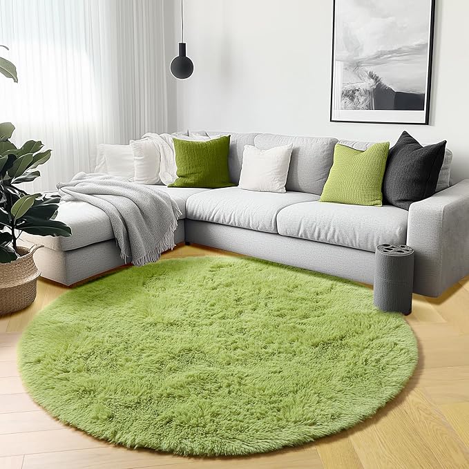 ONASAR Grass Green Round Area Rug 4ft, Soft Bedroom Circle Rugs Floor Mat for Kids Girls Teen Room, Cute Fluffy Plush Shaggy Carpet for Baby Nursery Living Room Playroom Dorm Home Decor