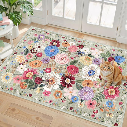 Floral Rug for Entryway, Green 2X3 Washable Kitchen Mat Ultra-Thin Soft, Non-Slip Indoor Door Carpet Stain Resistant Boho Small Low-Pile Throw for Bathroom Bedroom (Green Garden, 2 x 3)