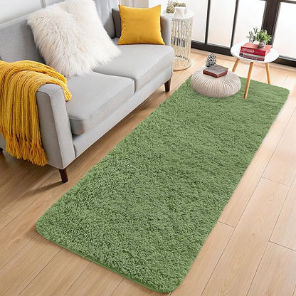 OLANLY 2x5 Machine Washable Runner Rugs for Hallway, Soft Fluffy Shaggy Bedside Rugs for Bedroom, Living Room, Indoor Floor Carpet for Kids Girls and Boys, Home Decor Aesthetic, Green