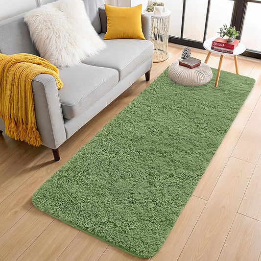 OLANLY 2x6 Machine Washable Runner Rugs for Hallway, Soft Fluffy Shaggy Bedside Rugs for Bedroom, Living Room, Indoor Floor Carpet for Kids Girls and Boys, Home Decor Aesthetic, Green