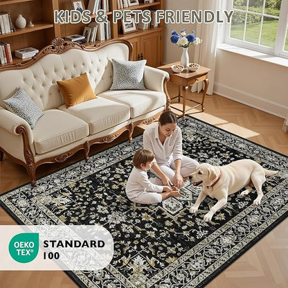 3x5 Area Rugs Living Room Rug: Washable Vintage Boho Medallion Rug No Slip Stain Resistant Soft Carpet Indoor Large Carpets for Bedroom Dining Room Farmhouse Nursery Hallway Home Office Black Gold