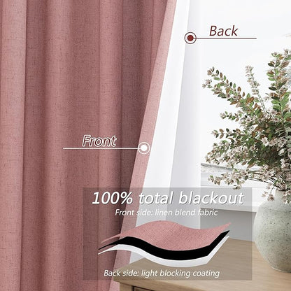 Guken 100% Blackout Curtains 102 Inch Length 2 Panels Set for Living Room Bedroom Back Tab Thermal Insulated Lack Out Linen Drapes Room Darkening Window Curtains 102 Inches Long, Ash Rose