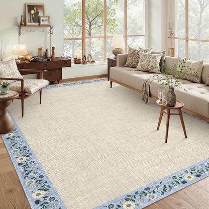 GarveeHome 10x13 Machine Washable Rugs for Living Room Large Area Rug Modern Floral Indoor Accent Carpet Low Pile Carpet Soft Throw Aesthetic Floor Cover for Bedroom Laundry Dining Room, Beige