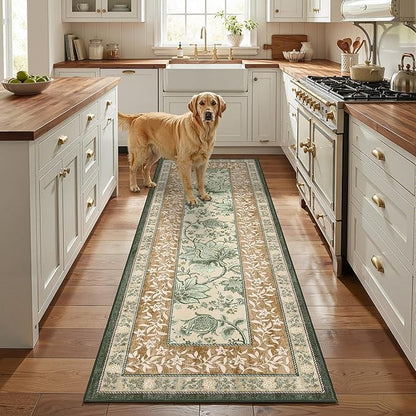 GarveeHome Terracotta Olive Sage Green Washable 6x9 Area Rugs, Botanical Grove Vintage Cottagecore Non-Slip Rug for Living Room Bedroom Nursery Kitchen Low-Pile Retro Large Carpet