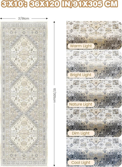 3x10 Runner Rug Non Slip Washable for Entryway, Front Porch, Vintage Hallway Runner for Laundry Room, Bedroom, Stain Resistant Thin Indoor Kitchen Mats for Floor(Beige,3'x10')