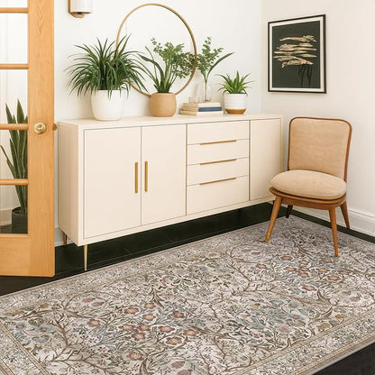 Vintage Moss Green 3x6 Area Rugs for Large Entryway, Bedroom Beside Rug, Kitchen, Non-Slip Low Pile Ultra Soft Stain Resistant Small Floral Neutral Carpet