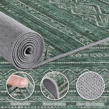 Nakagishi 7x9 Area Rugs Living Room: Washable Boho Large Neutral Soft Farmhouse Rug Stain Resistant Modern Indoor Floor Non-Slip Carpet for Bedroom Nursery Kids Playroom Office Dining Room Dorm- Green