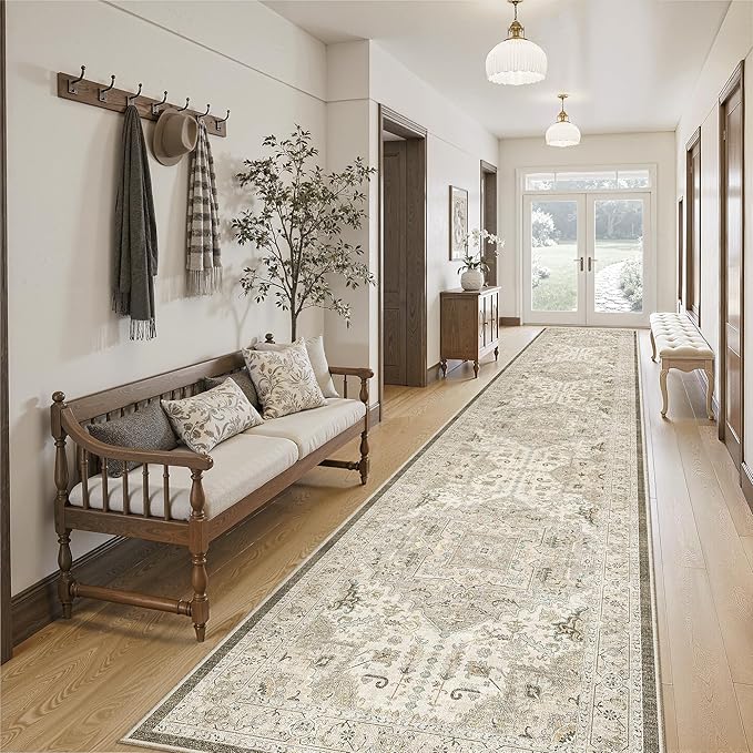 Madane Hallway Runner Rug 2'6''x14' Kitchen Runner, Non Slip Vintage Runners for Hallways Washable Kitchen Rugs Soft Low Pile 2.5x14 ft Rug Runner for Laundry Room, Entryway and Bedroom, Ivory/Brown
