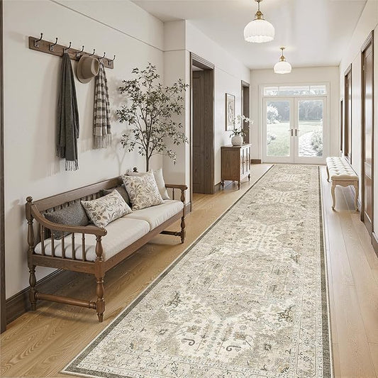 Madane Hallway Runner Rug 2'6''x16' Kitchen Runner - Non Slip Vintage Runners for Hallways Washable Kitchen Rugs Soft Low Pile 2.5x16 ft Rug Runner for Laundry Room, Entryway and Bedroom, Ivory/Brown