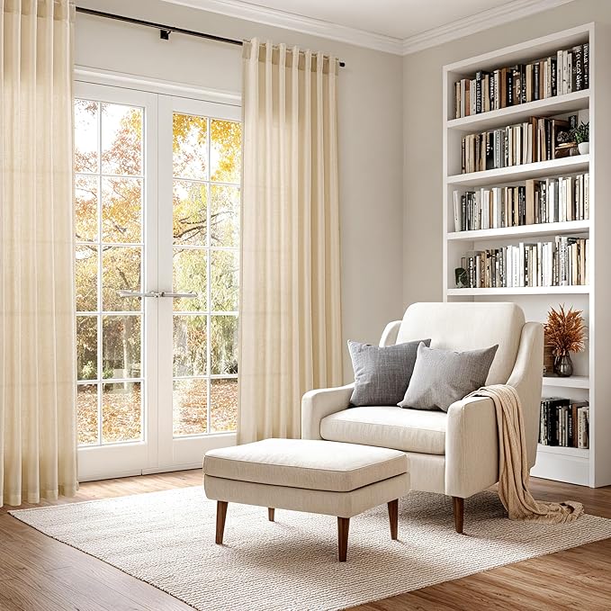 Nanspring Tan Semi Sheer Curtains 72 Inches Long for Bedroom Back Tab Rod Pocket Light Filtering Privacy Drapes Cotton Linen Textured Farmhouse Living Room Curtain 52X72 Inches,2 Panels