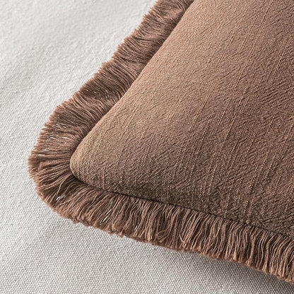 MIULEE Decorative Throw Pillow Covers Neutral Linen Fringe Throw Pillows Euro Shams Set of 2 Dark Coffee Boho Farmhouse Cushion Covers for Couch Sofa Bed Living Room Spring Home Decor 22x22 Inch
