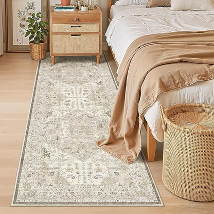 Madane Hallway Runner 3x8, Kitchen Rugs Washable Entryway Rug Vintage Kitchen Runners Non Slip Indoor Area Rug Farmhouse Carpet Runner for Bathroom Living Room Bedroom (3 X 8, Ivory/Brown)