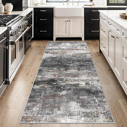 Runner Rug for Hallway Kitchen 2x7 Machine Washable Runners Rug for Entryway, Dark Gray Soft Modern Abstract Throw Rugs, Floor Carpet with Non Slip Rubber Backing