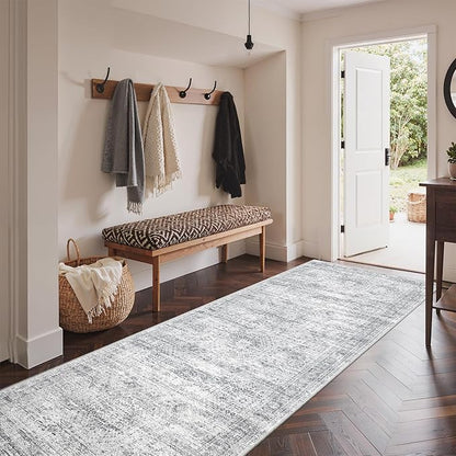 3x8 Runner Rug Non Slip Washable for Entryway, Vintage Hallway Runner for Front Porch, Laundry Room, Bedroom, Abstract Stain Resistant Thin Indoor Kitchen Mats for Floor(3'x8', Grey/Ivory)