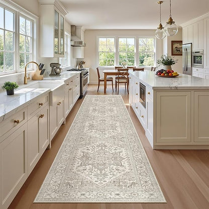 Madane Hallway Runner Rug 2'6''x12', Non Slip Vintage 12ft Runners for Hallways Washable Kitchen Rugs Soft Low Pile 2.5x12 ft Rug Runner for Laundry Room, Entryway and Bedroom, Beige/Brown