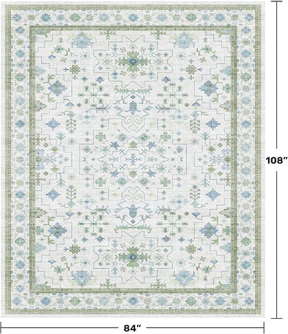 Hazo Haus Cream Oushak 7x9 Bedroom Rug - Boho Floral Cool Blue and Green, Washable Low Pile Non-Slip Ultra-Thin Large Area Rugs for Playroom, Bed Room, Living Room
