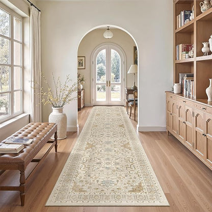Madane Hallway Runner Rug 2'6''x12', Non Slip Vintage 12ft Runners for Hallways Washable Kitchen Rugs Soft Low Pile 2.5x12 ft Rug Runner for Laundry Room, Entryway and Bedroom, Beige/Blue