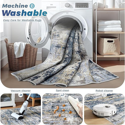 pmtsns Area Rugs 8x10 for Living Room: Washable Rug Modern Abstract Neutral Soft Non-Slip Low-Pile Indoor Large Carpet for Bedroom Dining Room Playroom Home Office (Blue Grey Brown, 8'x10')