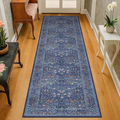 Dark Blue 2x8 Kitchen Runner Rugs - 8ft Long Machine Washable Hallway Runner Non Slip, Floral Pattern Indoor Floor Mats for Entryway, Oriental Floral Design Home Décor