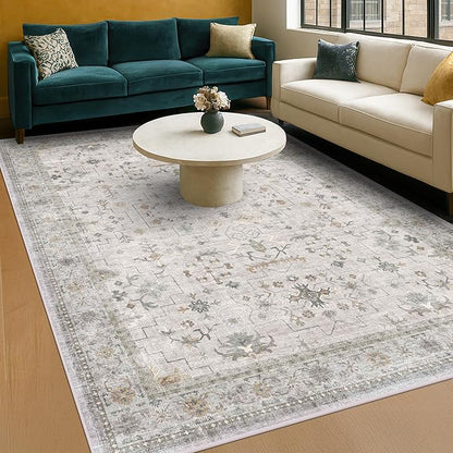 Hazo Haus Boho Light Grey Living Room Rug 6x9 - Modern Vintage Eclectic Floral Paste Neutral Taupe, Washable Low Pile Non-Slip Large Area Rugs for Dining Under Table Bedroom