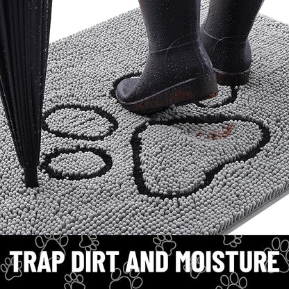 Smiry Dog Door Mat for Muddy Paws, Absorbent Dirt Trapper Non Slip Quick Dry Washable Chenille Mat for Mud Dogs, Entry Rug for Indoor and Outdoor (30x20 Inches, Grey and Black)
