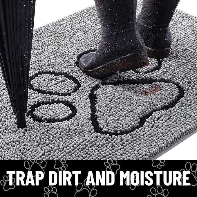 Smiry Dog Door Mat for Muddy Paws, Absorbent Dirt Trapper Non Slip Quick Dry Washable Chenille Mat for Mud Dogs, Entry Rug for Indoor and Outdoor (71x46 Inches, Grey and Black)