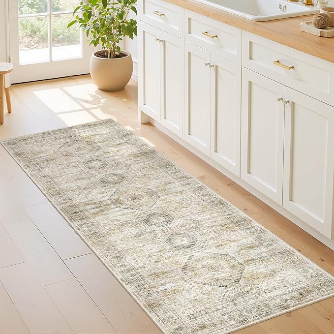 Washable Runner Rugs for Bedroom - 2x6 Runner Rug Non Slip, Ultra-Thin Entryway Runner, Soft Abstract Kitchen Runner for Hallway, Laundry, Bathroom, Indoor Door Mat(2'x6', Grey/Yellow)