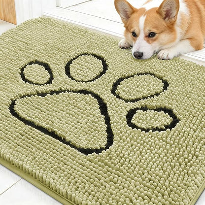 OLANLY Dog Door Mat for Muddy Paws 30x20, Paw Print Design, Absorbs Moisture and Dirt, Absorbent Non-Slip Washable Doormat, Quick Dry Chenille Mud Mat for Dogs, Entry Indoor Entryway Carpet, Vanilla