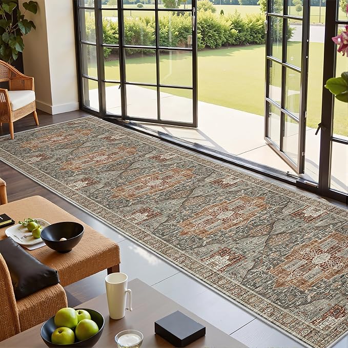 Hallway Runner Rug 2x12, Extra Long Washable Runner Rugs with Rubber Backing, Non Slip Runner, Vintage Rug Runners for Kitchen Laundry Room Entryway (Grey/Brown/Tan,2'x12')