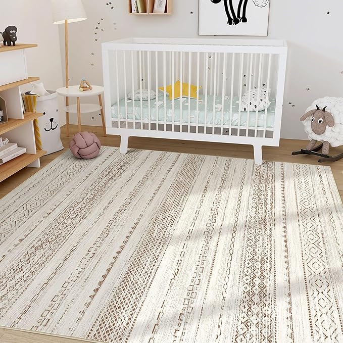 Nakagishi Area Rug Living Room Rugs: 4X6 Machine Washable Boho Large Neutral Farmhouse Stain Resistant Moroccan Indoor Floor Carpet for Bedroom Nursery Dorm Dining Room Home-Brown Tan