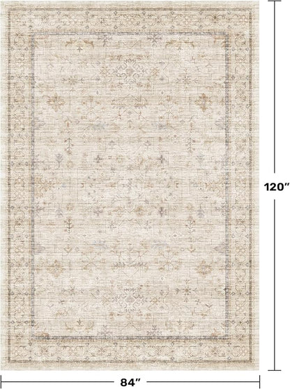 Farmhouse Rugs for Living Room 7x10, Low Pile Soft Retor Foldable Area Rug for Bedroom, Dining Room, Non Slip with Rubber Backing, Light Beige Vintage Home Décor, Geometric Floral Carpet