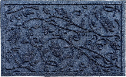 Boho Blue Floral Leaves Outdoor Indoor Entrance Doormats, Absorbent Durable Heavy Duty Welcome Front Door Mat,Thick Natural Rubber Back,Easy Clean Entryway Mat 17x30 Inch, Low Profile