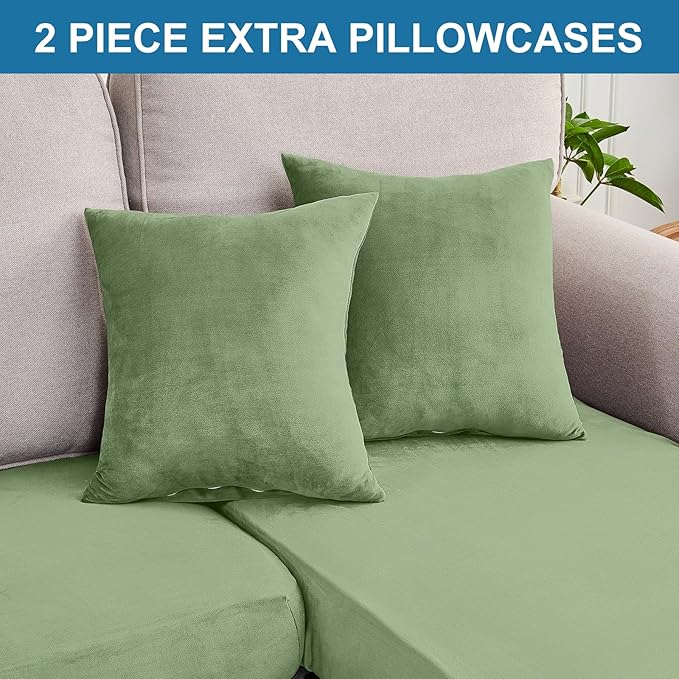 Couch Cover 8-Piece Elastic Velvet Couch Cushion Covers & Chaise Slipcovers for L-Shaped Sofas, Sofa Seat Covers Washable, Soft Cover for Couches (7 Seater + Chaise, Avocado Green)