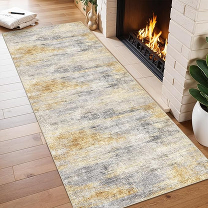 2x6 Washable Kitchen Runner Rug: Modern Abstract Runners for Hallway Soft Non Slip Rugs with Rubber Backing Low Pile Thin Floor Carpet for Entryway Bedroom Bathroom Bedside Indoor(Grey/Yellow,2x6)