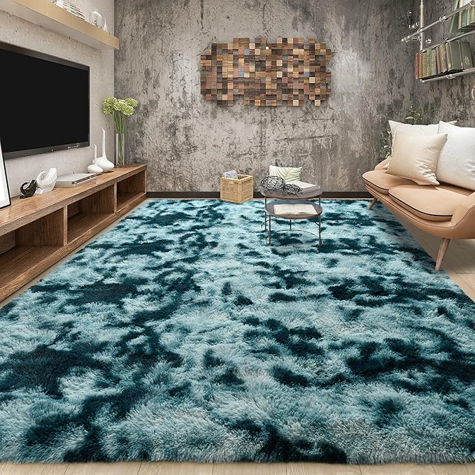 Tepook Fluffy Large Rugs for Living Room, Area Rug 6x9 Soft Carpet for Bedroom, Modern Shaggy Rug for Kids Boys Girls, Plush Indoor Nursery Home Decor Rug with Non-Slip Bottom, Peacock Blue