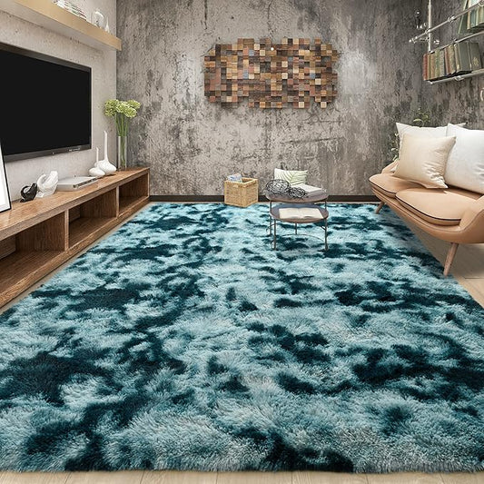 Tepook Fluffy Large Rugs for Living Room, Area Rug 6x9 Soft Carpet for Bedroom, Modern Shaggy Rug for Kids Boys Girls, Plush Indoor Nursery Home Decor Rug with Non-Slip Bottom, Peacock Blue